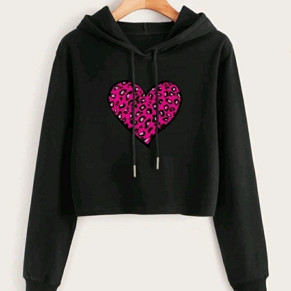 New   Drawstring Detail Heart Print Ho